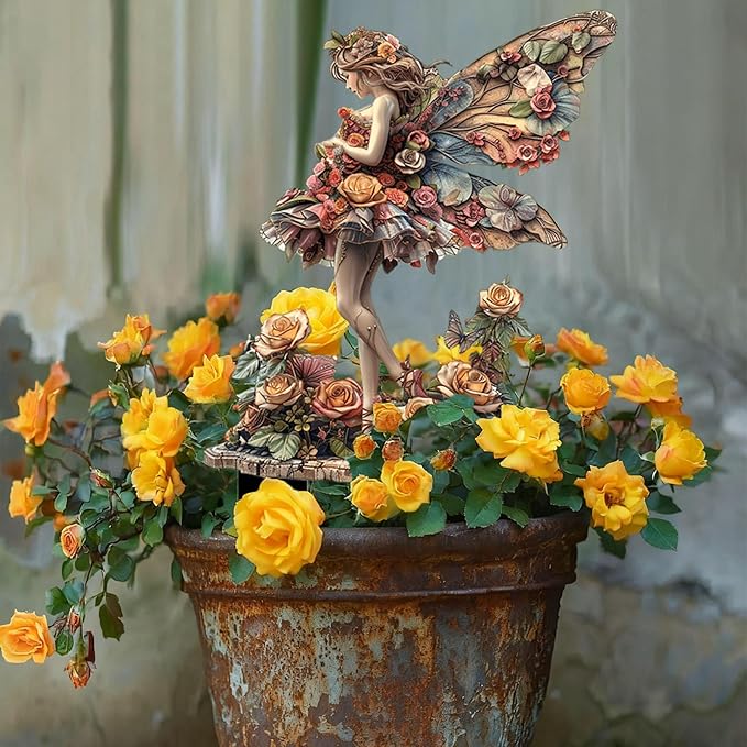 Flower Fairy Garden Stake Decor, 2D Flat Acrylic Elf Garden Sign with Stake, Fairy with Magic Sign for Indoor Outdoor Yard Lawn Balcony Pot Plants (Rose Fairy)