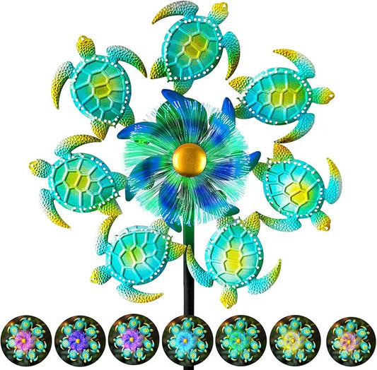 Solar Wind Spinners Outdoor - 51" Sea Turtle Metal Wind Sculptures Garden Stake with Waterproof Color Changing LED Lights 360° Windmill Kinetic Spinner for Yard Lawn Patio Decor