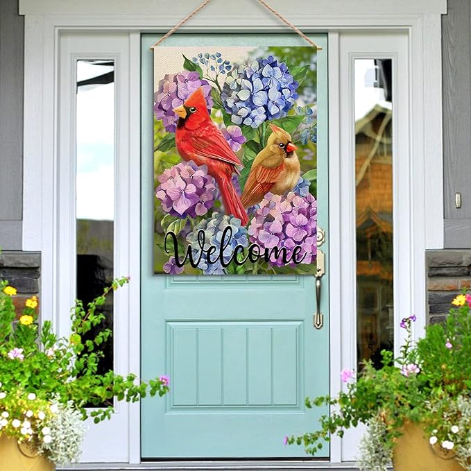 Artofy Welcome Summer Cardinal Red Birds Large Decorative House Flag, Hydrangea Flowers Yard Garden Outside Decor, Spring Floral Burlap Outdoor Home Decoration Double Sided 28 x 40