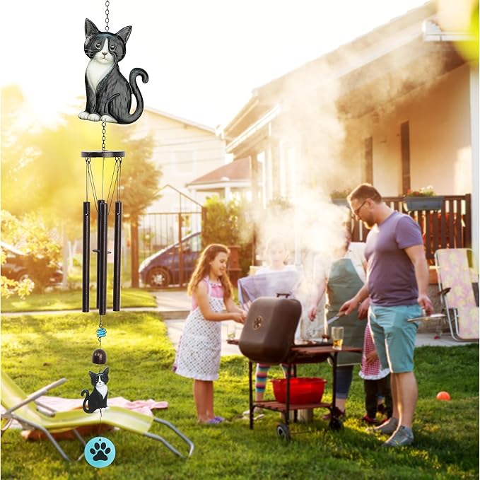 CoTa Global Tuxedo Cat Wind Chime - Pet-Themed Metal Hanging Decor with Dark-Tone Wind Chime Tubes and Beaded Accents, Indoor Outdoor Porch Patio Garden Decoration - 33.5 Inches