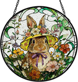 Spring Flower Easter Bunny Stained Glass Window Hanging, Rustic Wildflower Hat Rabbit Suncatcher Indoor Window Glass Round Wall Art Decor, 7.9x7.9 Inch