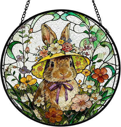 Spring Flower Easter Bunny Stained Glass Window Hanging, Rustic Wildflower Hat Rabbit Suncatcher Indoor Window Glass Round Wall Art Decor, 7.9x7.9 Inch