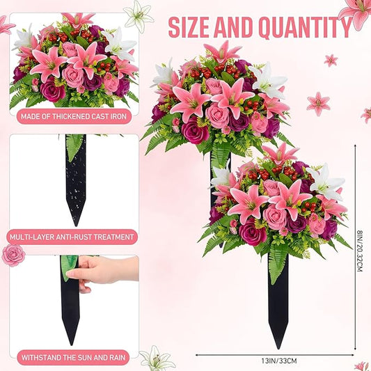 Frienda 2 Sets Cemetery Flowers Grave Stake Metal Floral Decor for Tombstone, Outdoor Gravesite Markers for Mom Dad, Memorial Day Spring Easter Grave Decor(Lily Rose,Pink,White)
