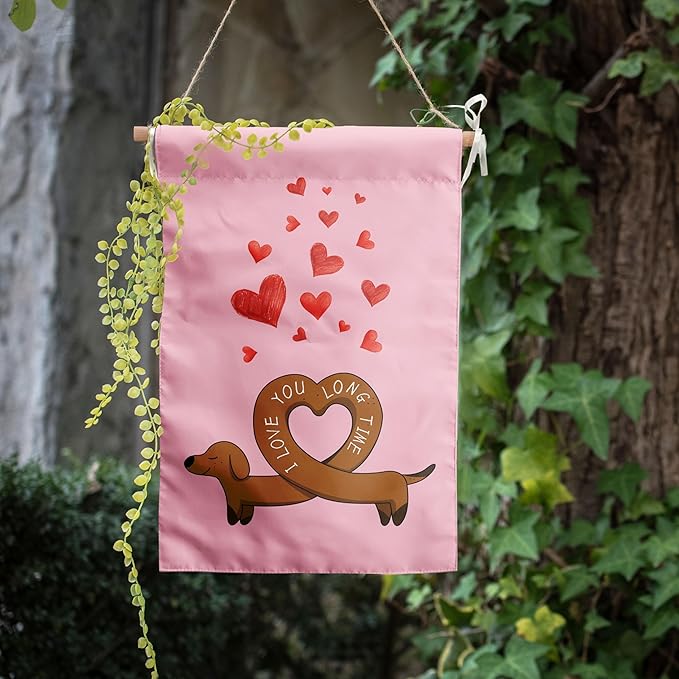Dachshund Valentine Garden Flag Weiner Dog Valentines Day Yard Decorative for Outside 12x18 Double Sided I Love You Long Time Holiday Anniversary Banner