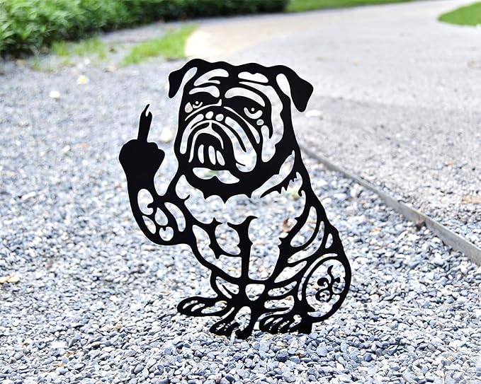 DS. DISTINCTIVE STYLE Bulldog Decor Funny Middle Finger Bulldog Statue Metal Black Dog Yard Art for Outdoor Garden, Patio, Pathway