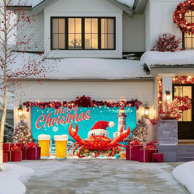 IVN Christmas Garage Door Banner 13x6 ft Merry Christmas Garage Door Cover Santa Crab Lighthouse Winter Coastal Home Door Front Yard Decor for Xmas Eve Holiday Outdoor