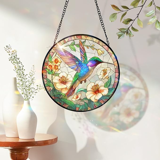 7.8 Inch Stained Glass Window Hanging Hummingbird Flower Sun Catcher Indoor Window Door Wall Yard Home Decor Bird Ornament Colorful Glass Panel Suncatcher Gifts for Women Men Mom Grandma Bird Lovers