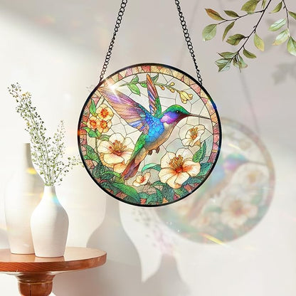 7.8 Inch Stained Glass Window Hanging Hummingbird Flower Sun Catcher Indoor Window Door Wall Yard Home Decor Bird Ornament Colorful Glass Panel Suncatcher Gifts for Women Men Mom Grandma Bird Lovers