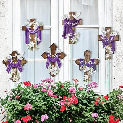 Cinrobiye 12Pcs Easter Planter Stakes Religious He is Risen Flower Pot Signs Christian Cross Stake Outdoor Lawn for Easter Party Patio Yard Outside Greetings Home Farmhouse Decor
