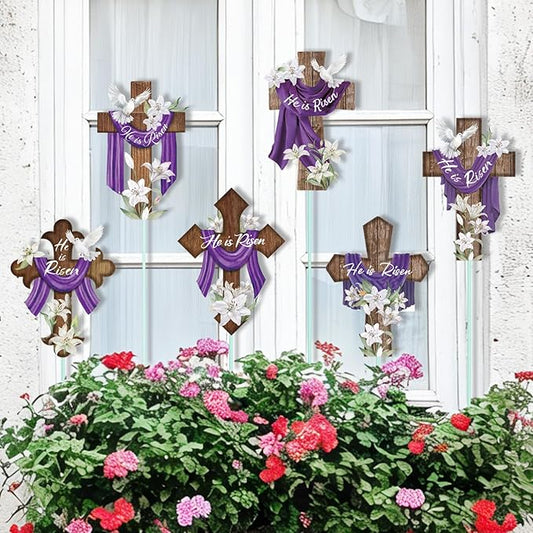 Cinrobiye 12Pcs Easter Planter Stakes Religious He is Risen Flower Pot Signs Christian Cross Stake Outdoor Lawn for Easter Party Patio Yard Outside Greetings Home Farmhouse Decor