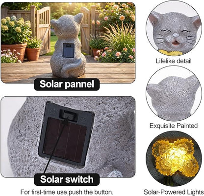 PETAFLOP Solar Cat Garden Statue with LED Sunflower, Healing Emotional Figurine Patio Balcony Yard Lawn Outdoor, Christmas Birthday Housewarming Gifts for Mom Grandma Women Cats Lover
