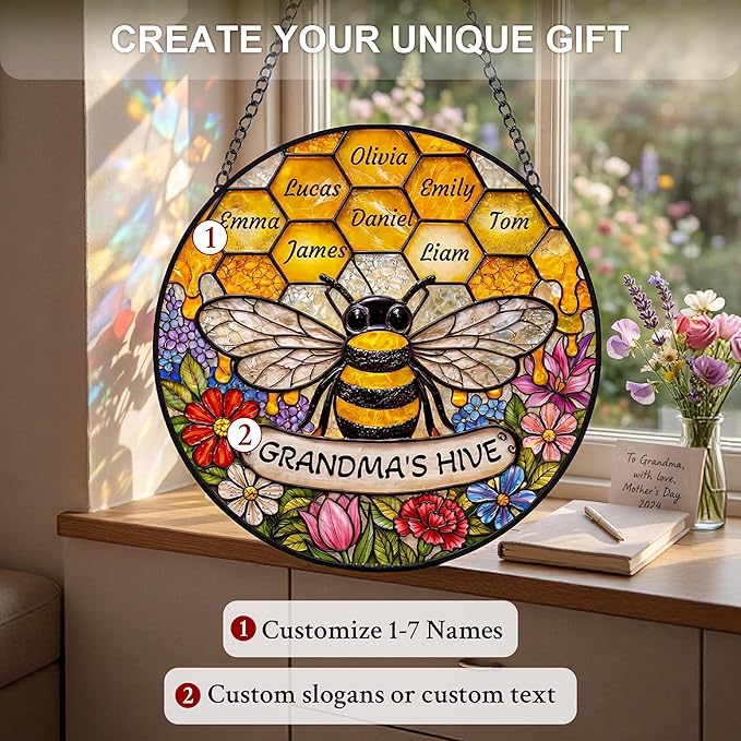 Personalized Mothers Day Stained Glass Gifts for Grandma, Custom Windows Hanging with Kids Name, Suncatcher Ornament Decor Mom Gift from Daugher