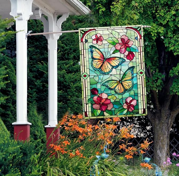 Spring Summer Butterfly House Flag 28x40 Inch Double Sided, Stained Glass Floral Butterfly Outdoor Flag, Colorful Flower Large Yard Lawn Porch Patio Farmhouse Garden Decor