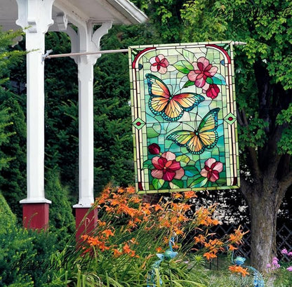 Spring Summer Butterfly House Flag 28x40 Inch Double Sided, Stained Glass Floral Butterfly Outdoor Flag, Colorful Flower Large Yard Lawn Porch Patio Farmhouse Garden Decor