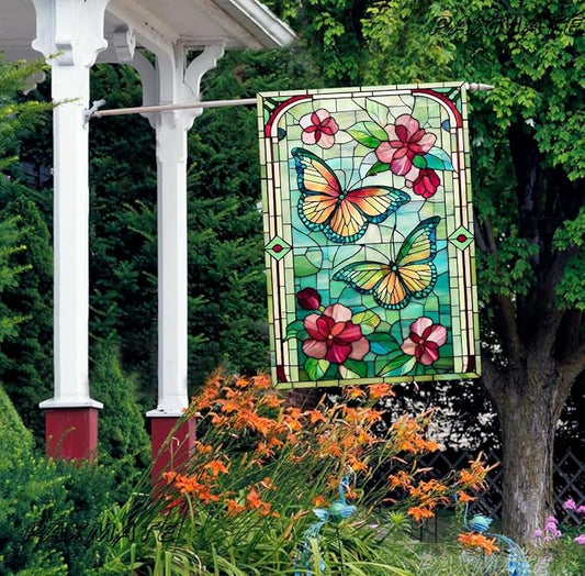 Spring Summer Butterfly House Flag 28x40 Inch Double Sided, Stained Glass Floral Butterfly Outdoor Flag, Colorful Flower Large Yard Lawn Porch Patio Farmhouse Garden Decor