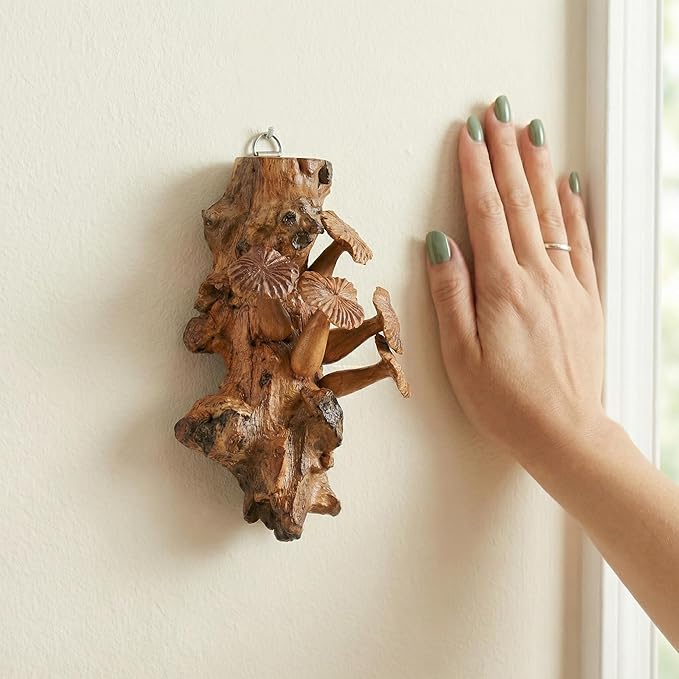 Curawood Mushroom Wall Decor - 5.9" Tall Balinese Artisan Handcrafted Wooden Mushroom Wall Art - Cottagecore, Fairycore, Goblincore Bedroom Decor - Carved Wood Forest Aesthetic Hanging Piece