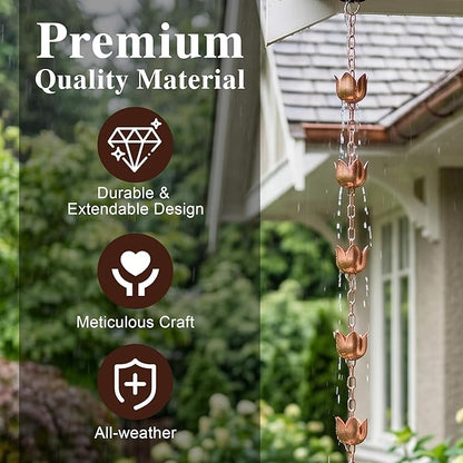 Topadorn 8.5 FT Metal Lotus Rain Chain with 11 Tulip Shaped Copper Cups for Outdoor Home Garden Decor Replacement for Gutter Downspouts, Divert Water and Home Display