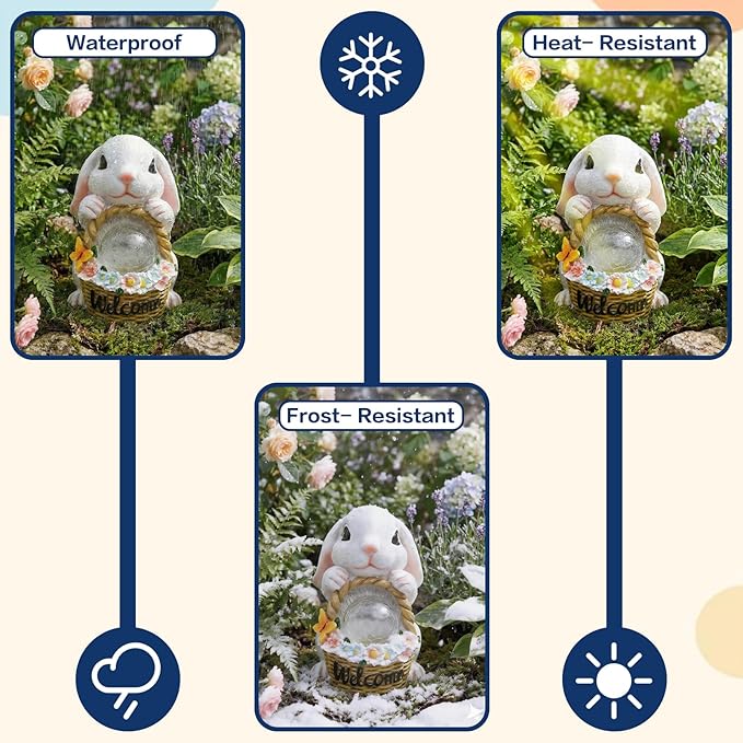 Solar Garden Outdoor Statues Rabbit with Flower Basket, Ideal Gift for Mom, Daddy, Cute Bunny Statue Decor for Lawn, Patio, Yard(White Rabbit)