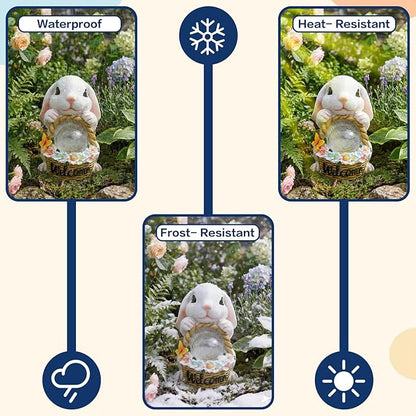 Solar Garden Outdoor Statues Rabbit with Flower Basket, Ideal Gift for Mom, Daddy, Cute Bunny Statue Decor for Lawn, Patio, Yard(White Rabbit)