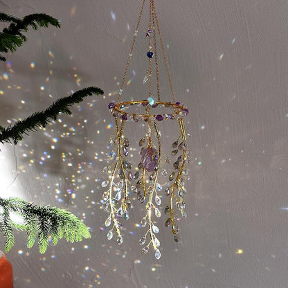 Crystal Hanging Suncatcher with Natural Stone, 16.9 Inch Decorative Wind Chime, Gold Chain & Branch Design (Purple)