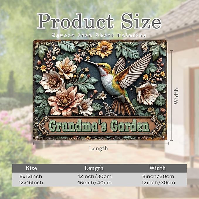 Custom Garden Signs Personalized Metal Tin Sign for Women, Retro Hummingbird Metal Sign for Outdoor, Patio, Yard Rustic Home Decor Gift for Mothers Day, Grandmas, and Gardening Lovers