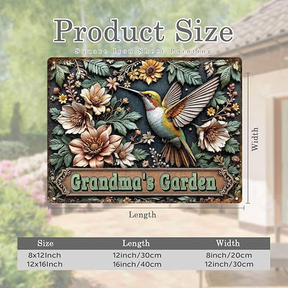Custom Garden Signs Personalized Metal Tin Sign for Women, Retro Hummingbird Metal Sign for Outdoor, Patio, Yard Rustic Home Decor Gift for Mothers Day, Grandmas, and Gardening Lovers