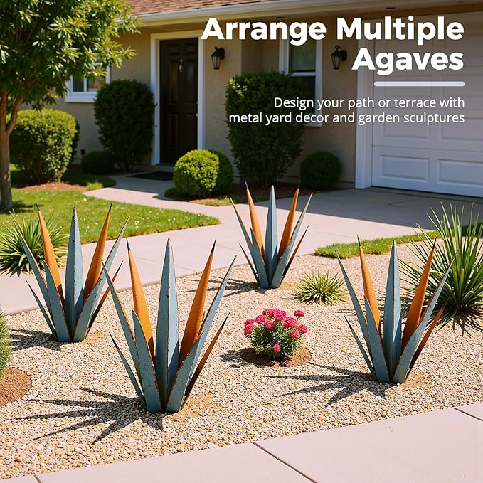 KODIBO 24” Large Metal Agave Plants Outdoor Decor, Vintage Blue Tequila Rustic Sculpture Outdoor Statues, Agave Metal Plants for Yard Garden Lawn Ornaments，Artisan Metal Agave Landscape Decor