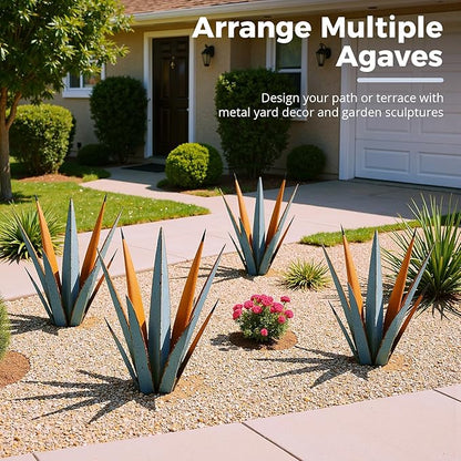 KODIBO 24” Large Metal Agave Plants Outdoor Decor, Vintage Blue Tequila Rustic Sculpture Outdoor Statues, Agave Metal Plants for Yard Garden Lawn Ornaments，Artisan Metal Agave Landscape Decor