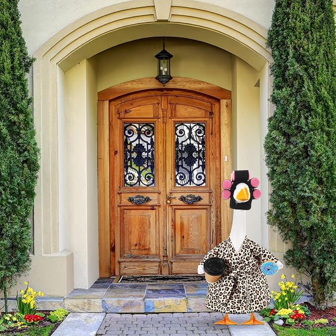 Shyyween Lady Porch Goose Outfit for 23'' Cement Plastic Lawn Goose Statue Clothes Bathrobe Coffee Cup Curlers for Outdoor Garden Yard Patio Decoration(Leopard Print Color)