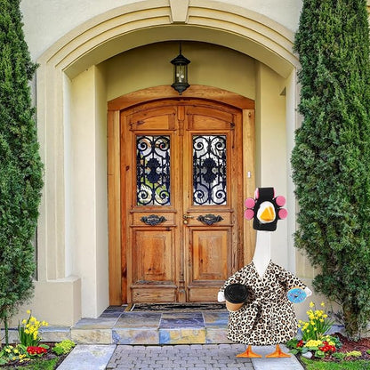 Shyyween Lady Porch Goose Outfit for 23'' Cement Plastic Lawn Goose Statue Clothes Bathrobe Coffee Cup Curlers for Outdoor Garden Yard Patio Decoration(Leopard Print Color)