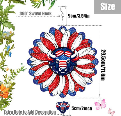 Sunflower American Flag Cow Patriotic Wind Spinners Outdoor for Yard and Garden,12 Inch 3D Stainless Steel Metal Hanging Kinetic Wind Sculpture, Independence Day Decor Indoor Art