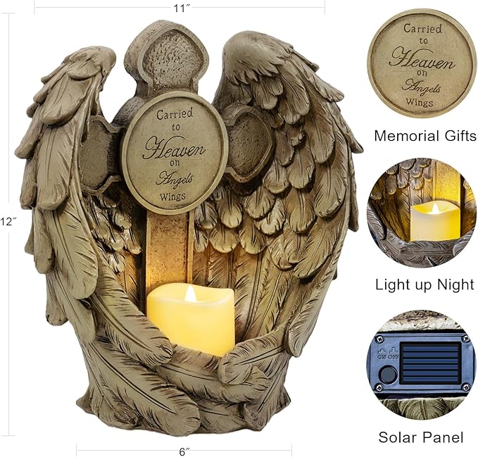 12" Angel Wings Memorial Statue with Cross & LED Candle, Bereavement Condolence Gift, Remembrance Garden Figurine Decor, Waterproof Garden Sculpture Sympathy Gifts for Women, Mom, Grandma, Lover