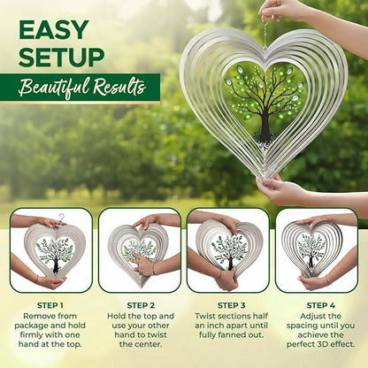 ISEO Silver Heart Wind Spinner for Yard and Garden with Crystals, Hanging Outdoor Decor, Yard Art, Porch and Patio Decorations, Metal Wind Spinners Outdoor, Weather Resistant, 12”