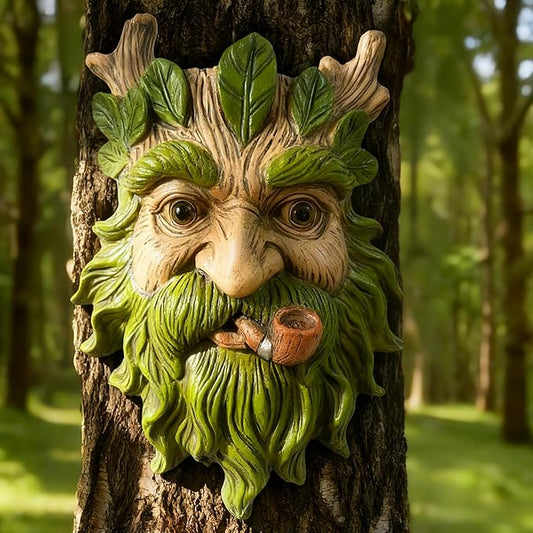Teaeeno Whimsical Tree Face Garden Decoration, 11.8 in Tree Faces Decor Outdoor Wallmounted Statue Art with Leaf Features, Outdoor Decor Garden Accessory (Nature and Outdoors)