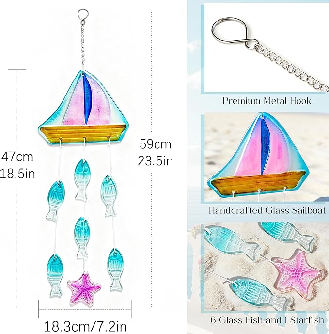 H&D HYALINE & DORA 23.5 Inch Glass Wind Chimes Colorful Sailboat Decor Hanging for Outside Glass Fish Wind Chime Outdoor Decor for Harmonic Porch, Patio & Garden