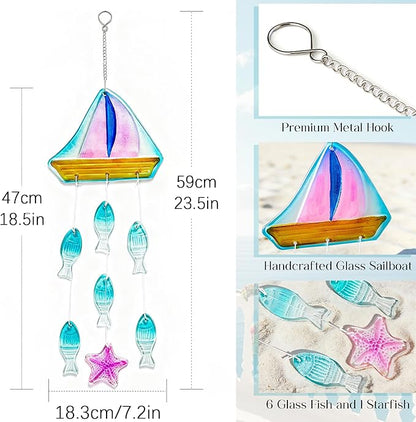 H&D HYALINE & DORA 23.5 Inch Glass Wind Chimes Colorful Sailboat Decor Hanging for Outside Glass Fish Wind Chime Outdoor Decor for Harmonic Porch, Patio & Garden
