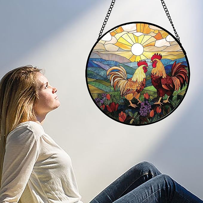 Stained Glass Window Hanging, Countryside Scenery Chicken Sun Catcher for Door Home Decor Sunrise Suncatcher Christmas Mother's Day Birthday Gifts for Women Men Mom Nana 6.3 in