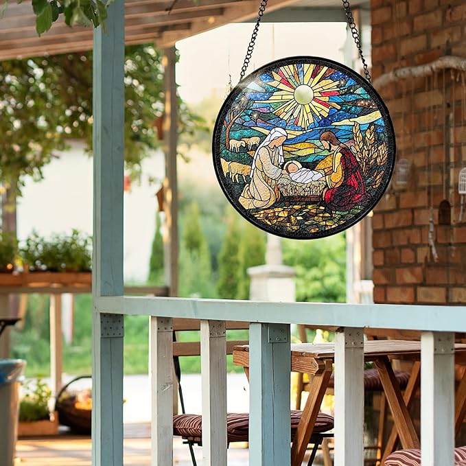 7.8 Inch Stained Glass Window Hanging Nativity Scene Sun Catcher Indoor Window Door Wall Yard Home Decor Colorful Glass Panel Suncatcher Religious Christian Gift for Women Men Mom Grandma