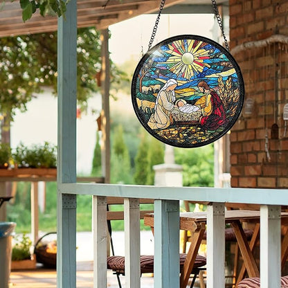 7.8 Inch Stained Glass Window Hanging Nativity Scene Sun Catcher Indoor Window Door Wall Yard Home Decor Colorful Glass Panel Suncatcher Religious Christian Gift for Women Men Mom Grandma