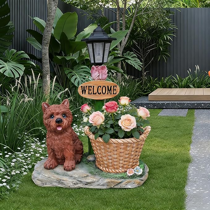 Solar Garden Statue with Planter & Solar Lantern, Outdoor Resin Animal Sculpture, Waterproof Yard Lawn Decor Pot for Succulents, Front Porch Ornament Housewarming Gift (Yorkie)