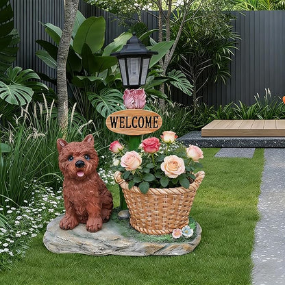 Solar Garden Statue with Planter & Solar Lantern, Outdoor Resin Animal Sculpture, Waterproof Yard Lawn Decor Pot for Succulents, Front Porch Ornament Housewarming Gift (Yorkie)