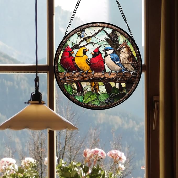Stained Glass Window Hanging Cardinal on Branch 9.8" - Brown Suncatcher Door Garden Patio Sun Catcher Home Decor Christmas for Bird Lovers Mom Woman Grandma Men Nana