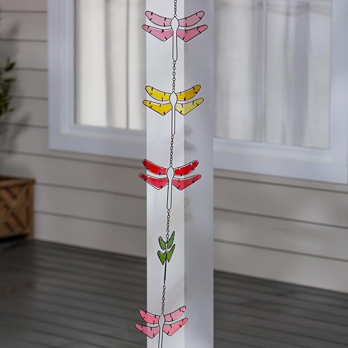 Evergreen Garden Dragonfly Stained Glass Metal Rain Chains for Gutters | 6 Ft. Rain Catcher Chain Replacement Downspout | Decorative Rain Chains for Outside Garden Balcony Porch