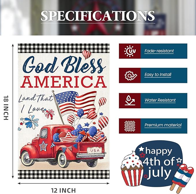 4th of July Garden Flags for Outside,Patriotic American Truck with Buffalo Plaid Small Yard Flags for Outdoor, Memorial Day Decorations for Holiday Summer 250th USA Anniversary 12x18 Inch Double Sided