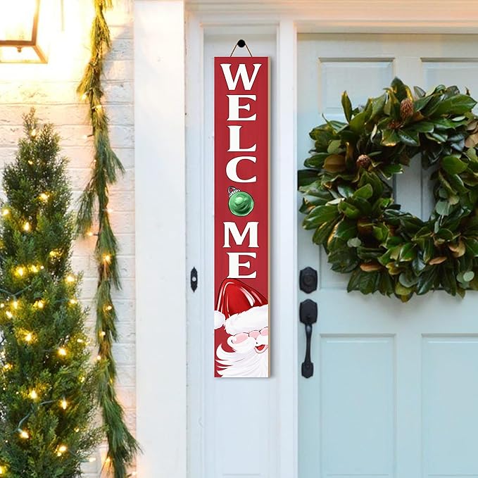 Christmas Welcome Porch Sign Decor Santa Wooden Hanging Sign Door Porch Standing Decorative Signs Plaques for Front Door Farmhouse Outdoor Indoor Welcome Sign Wall Craft Decor 47.2"H
