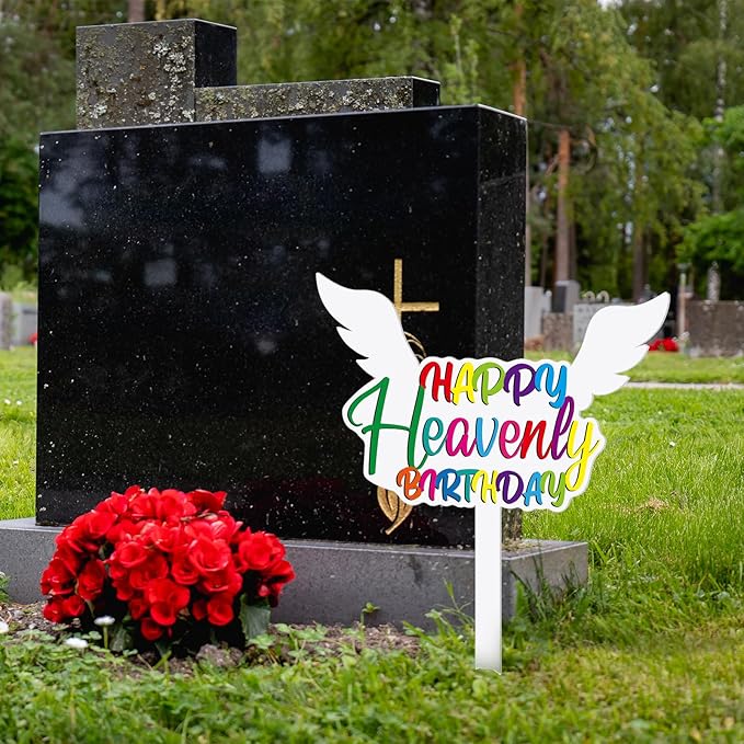 AceOrbit 13.8 X 7.9 Inches Large Happy Birthday in Heaven Decorations Cemetery Decorations for Grave Metal Memorial Remembrance Stake, Grave Markers for Human Cemetery Garden Yard Site Outdoor(White)