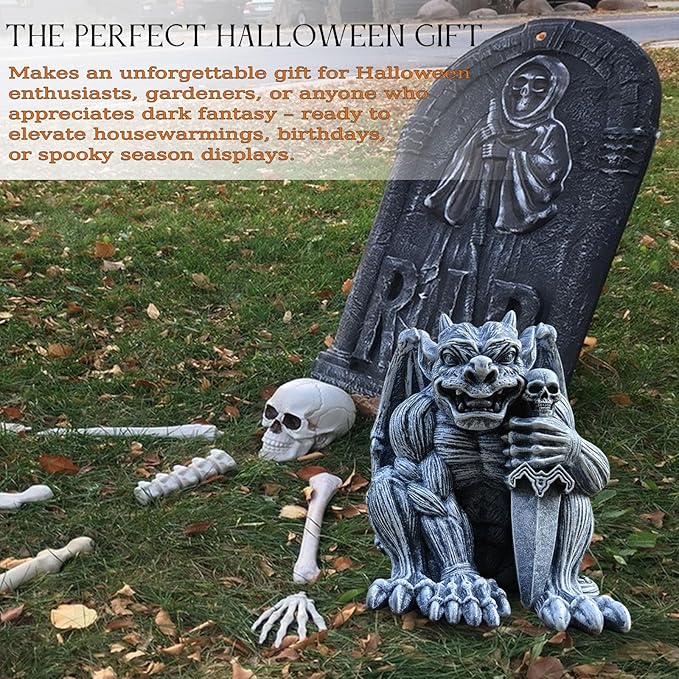 Resin Gargoyle Statue with Intricate Wings and Demonic Skull,Indoor Outdoor Patio Garden Backyard Halloween Home Decor