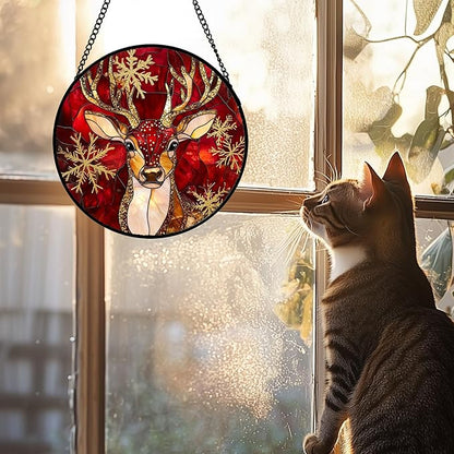 DASTOLL Stained Glass Window Hanging 4 Pcs Set Red Golden Snowflakes Large 15" - Christmas Elk Rabbit Suncatcher Door Garden Sun Catcher Decor Birthday for Mom Woman Nana Men