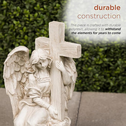 Alpine Corporation KGD574SLR Solar Angel Holding Cross Statue with LED Lights, Sentimental Decor for Garden, 14" H, White