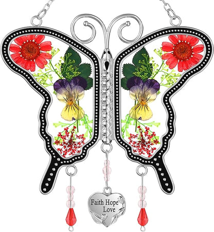KY&BOSAM Suncatcher Butterfly Stained Glass FHL Butterfly Suncatchers Ornament hangings for Windows Wind Chime with Pressed Flower Butterfly Embedded in Glass Mother`s Day Birthdays